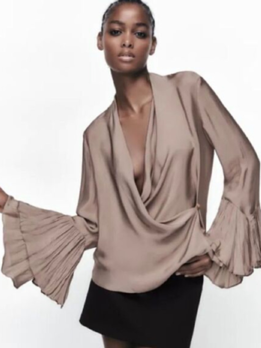 Zara Taupe Ruffled Wrap Blouse with Draped “Blogger Fav”